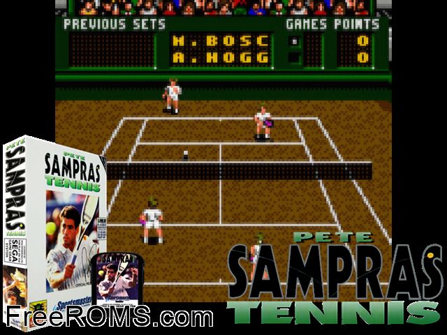 Pete Sampras Tennis Game Gear game showing 3D box cover and gameplay screenshot